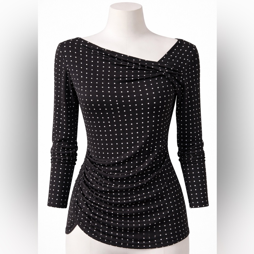 White House Black Market Asymmetrical Neckline Polka Dot Shirt Size Small